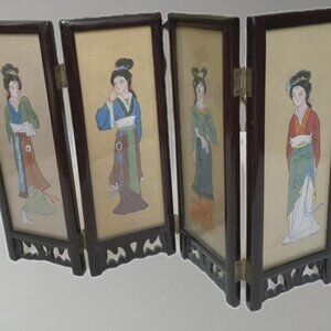 Vintage Chinese Miniature Hand Painted 4-Panel Tabletop Folding Screen